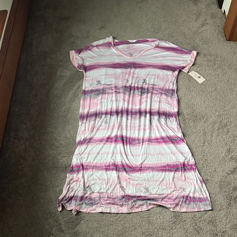 Secret Treasures Pink White Striped Midi Sleep Shirt Nightgown SIZE L